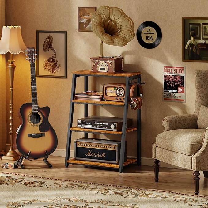 4-Tier AV Media Stand with 2 Hooks, Heavy Duty Stereo Cabinet Furniture-Large