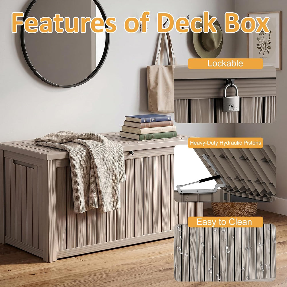 200Gal Lockable Waterproof Deck Box, Sturdy Bench for Patio & Garden Grey