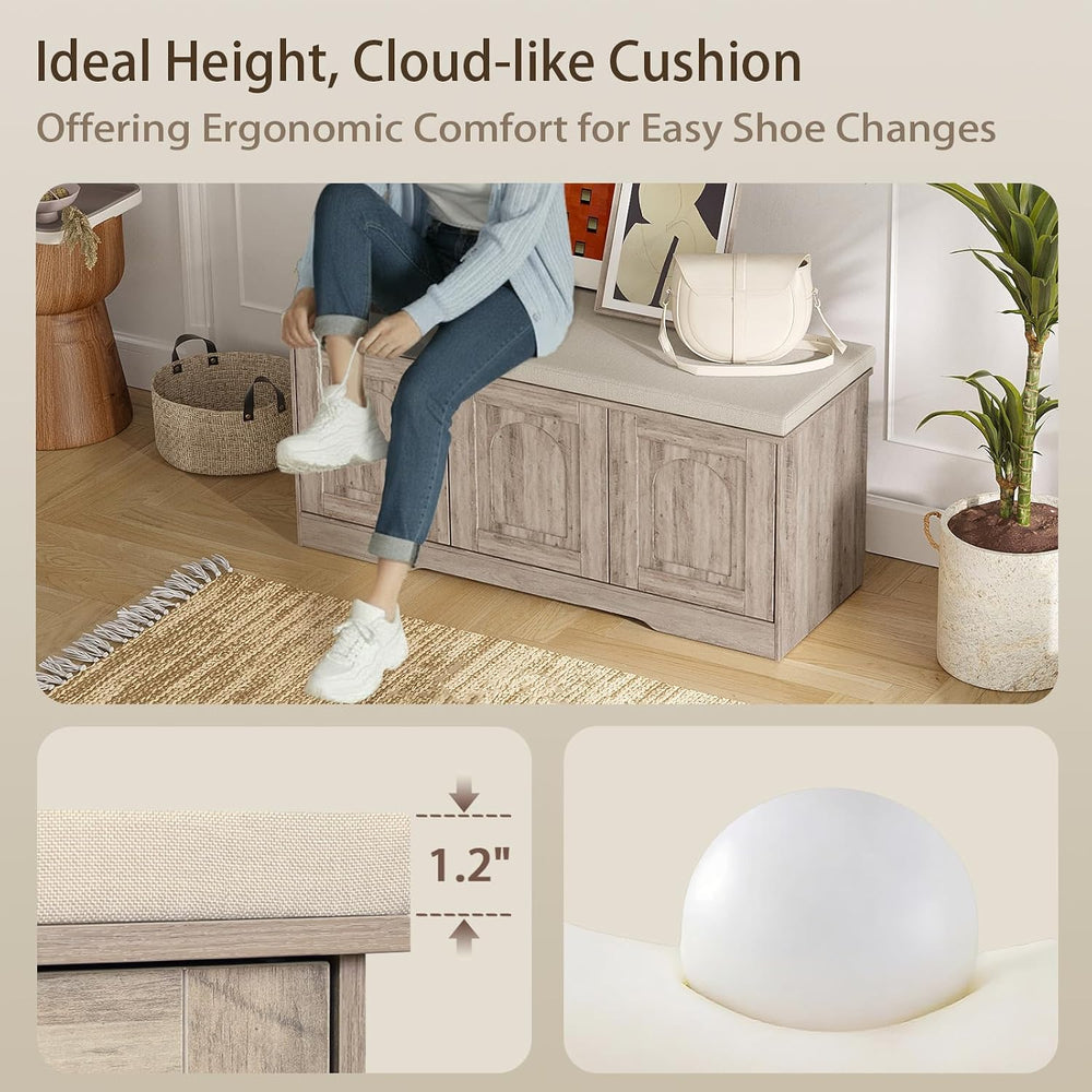 DINZI LVJ Shoe Storage Bench with Cushion, Door, Greige 39.4" LX17.7 H