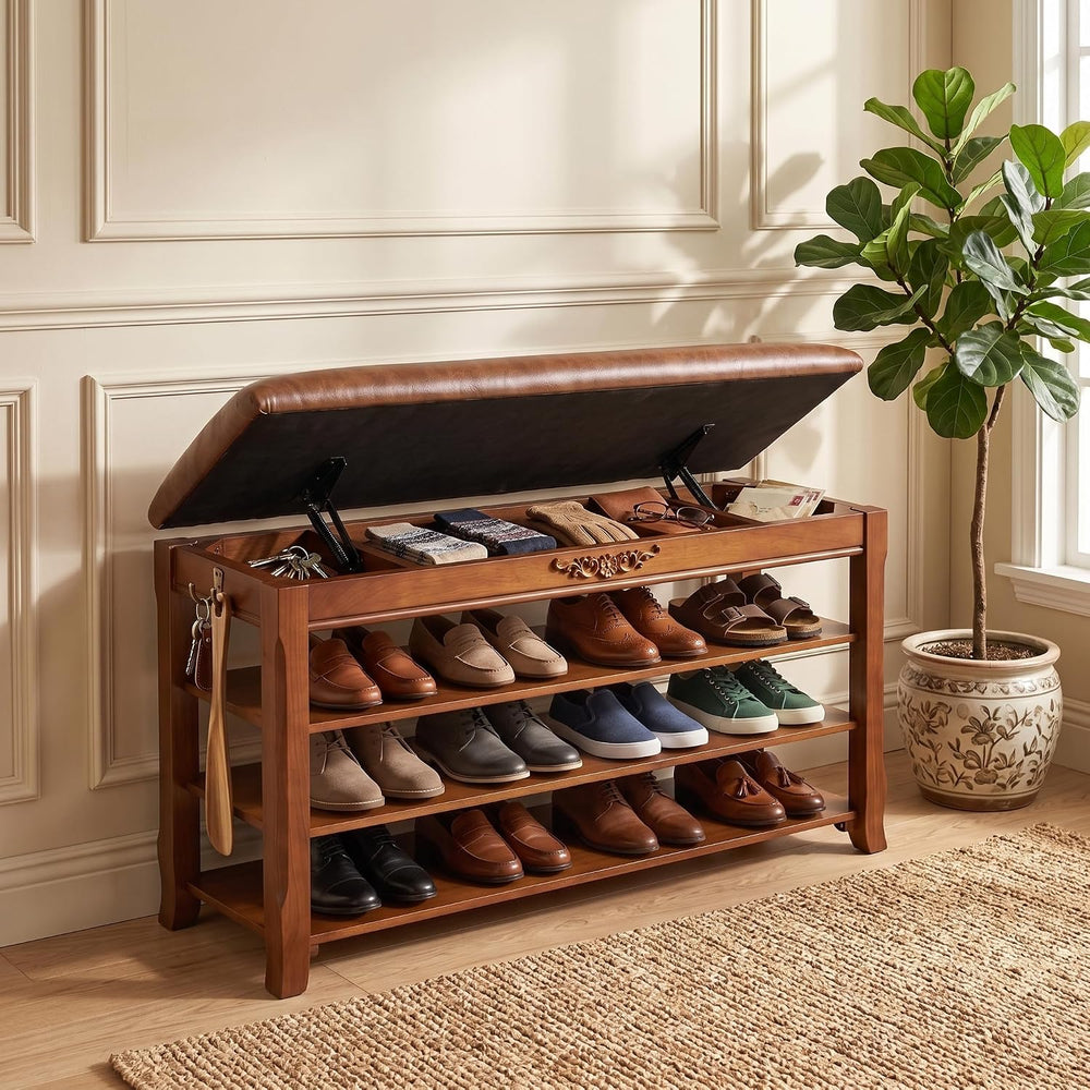Solid Wood Shoe Rack Bench Entryway Storage with Leather Cushion, 39.4”