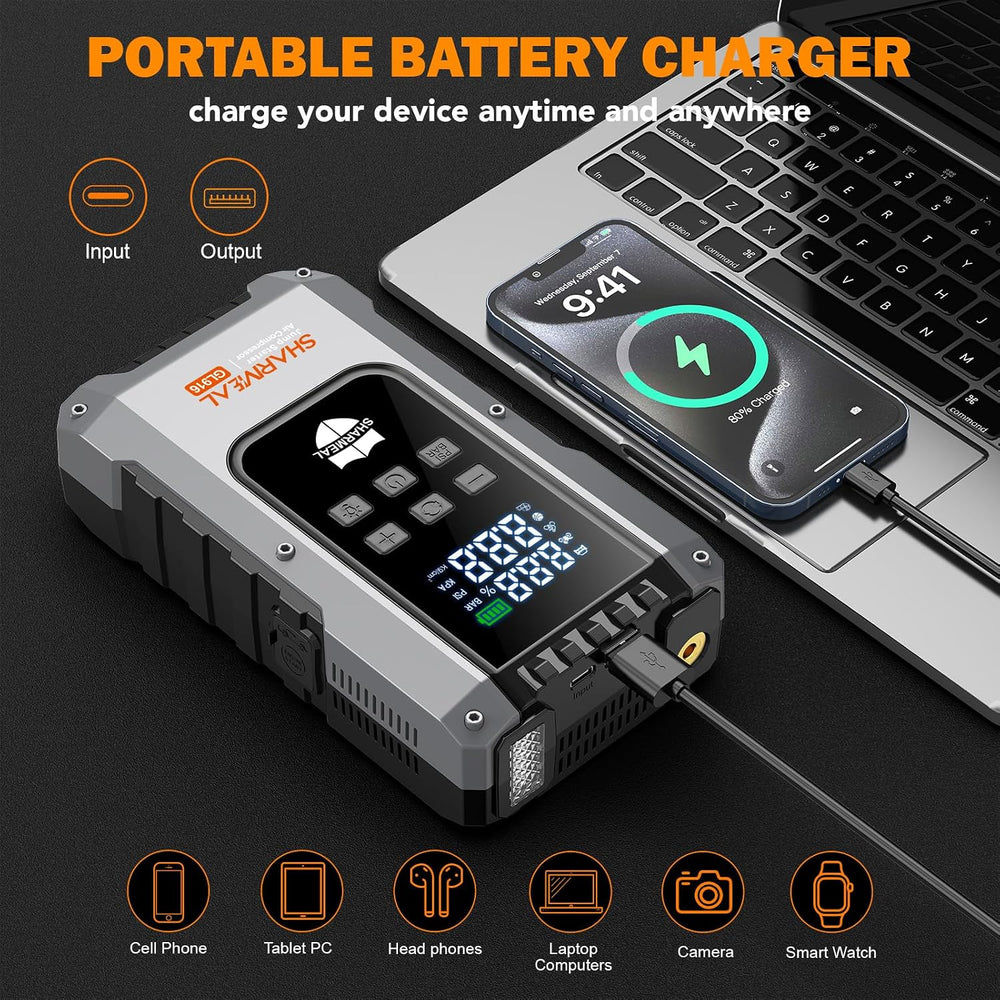 6000A Jump Starter with Air Compressor 160PSI 12V for All Gas/10L Diesel