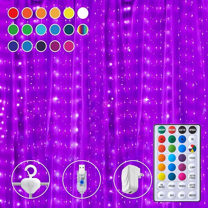 16 Colors Changing Curtain Lights - 250 LED 9.8 X 8.8 FT Fairy String, 7 Modes Twinkle with Remote, Backdrop Wall Hanging Dripping for Bedroom Backyard Halloween Christmas Decor