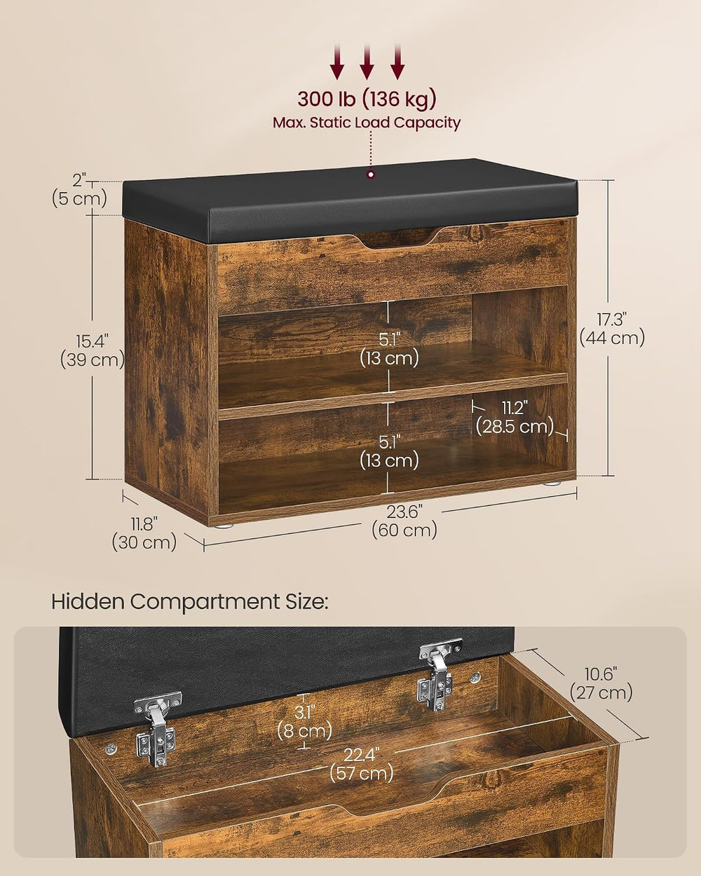 VASAGLE Storage Bench with Cushion, Shoe Bench, 11.8 x 23.6 x 17.3 Inches