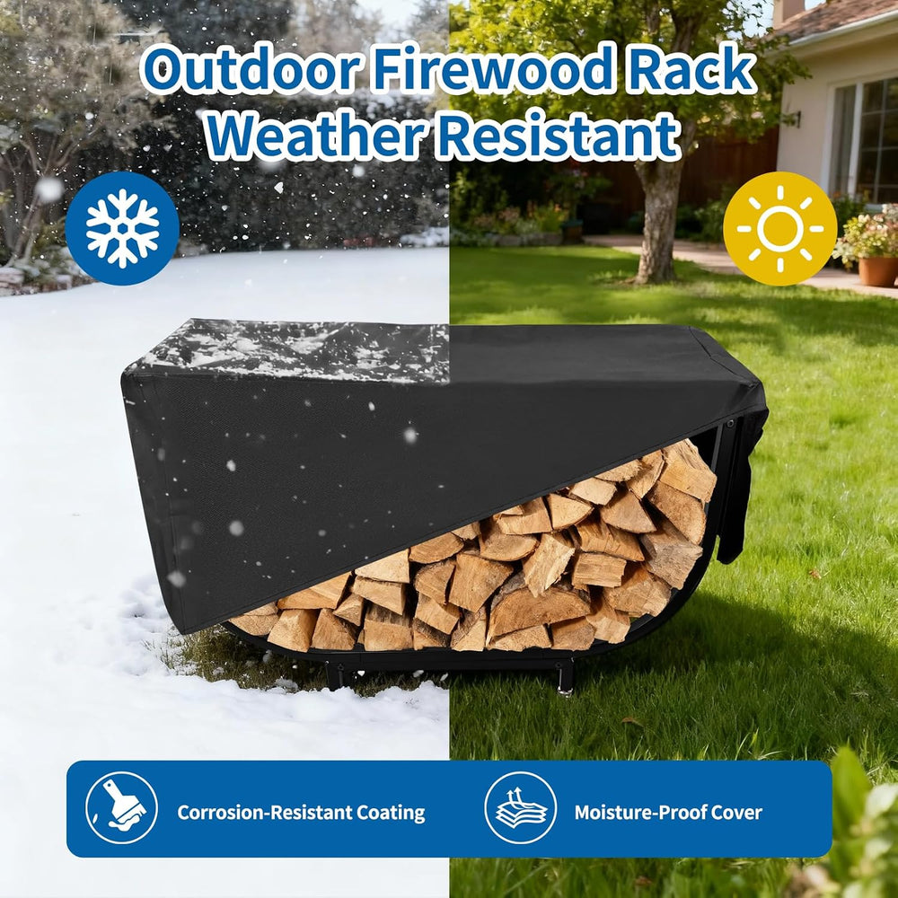 35’’ Firewood Rack Outdoor w Thicken Cover, Curved Metal Wood Rack Indoor
