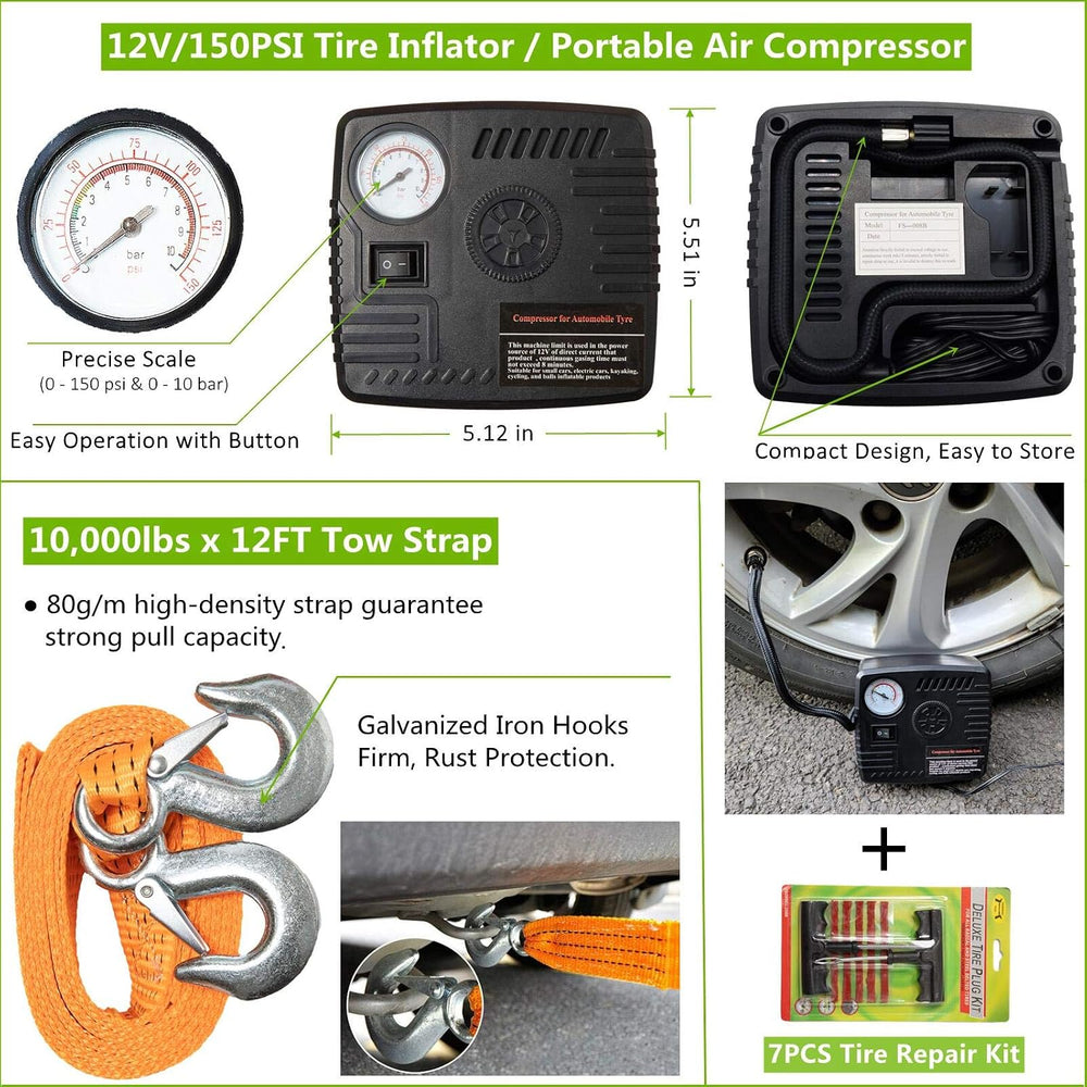 HolaKit 78-Piece Car Emergency Kit with Air Compressor and Jumper Cables