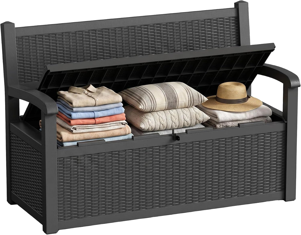80 Gallon Storage Bench Deck Box Resin Patio Furniture with Armrest, Waterpro...