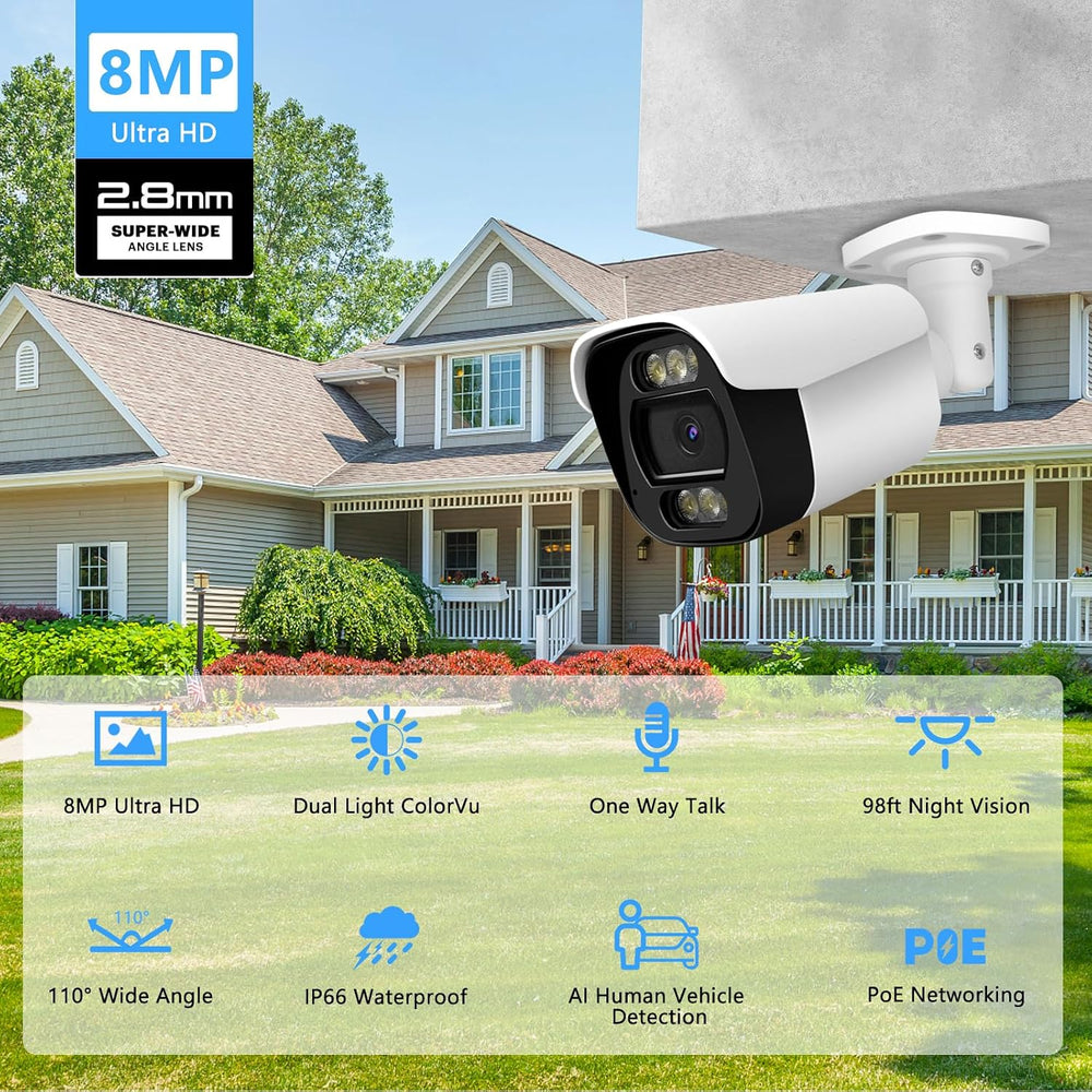 4K 8MP Bullet IP Security Camera with Mic, AI Detection