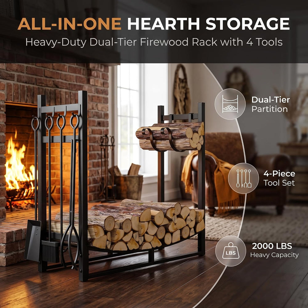 Fire Beauty Firewood Rack Log Holder Wood Storage with 4 Fireplace Tool Set