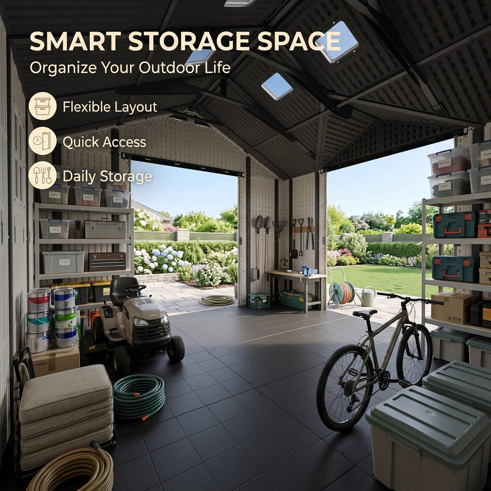 Devoko 10x10 FT Resin Storage Shed with Floor, Sheds with 3 Lockable Doors