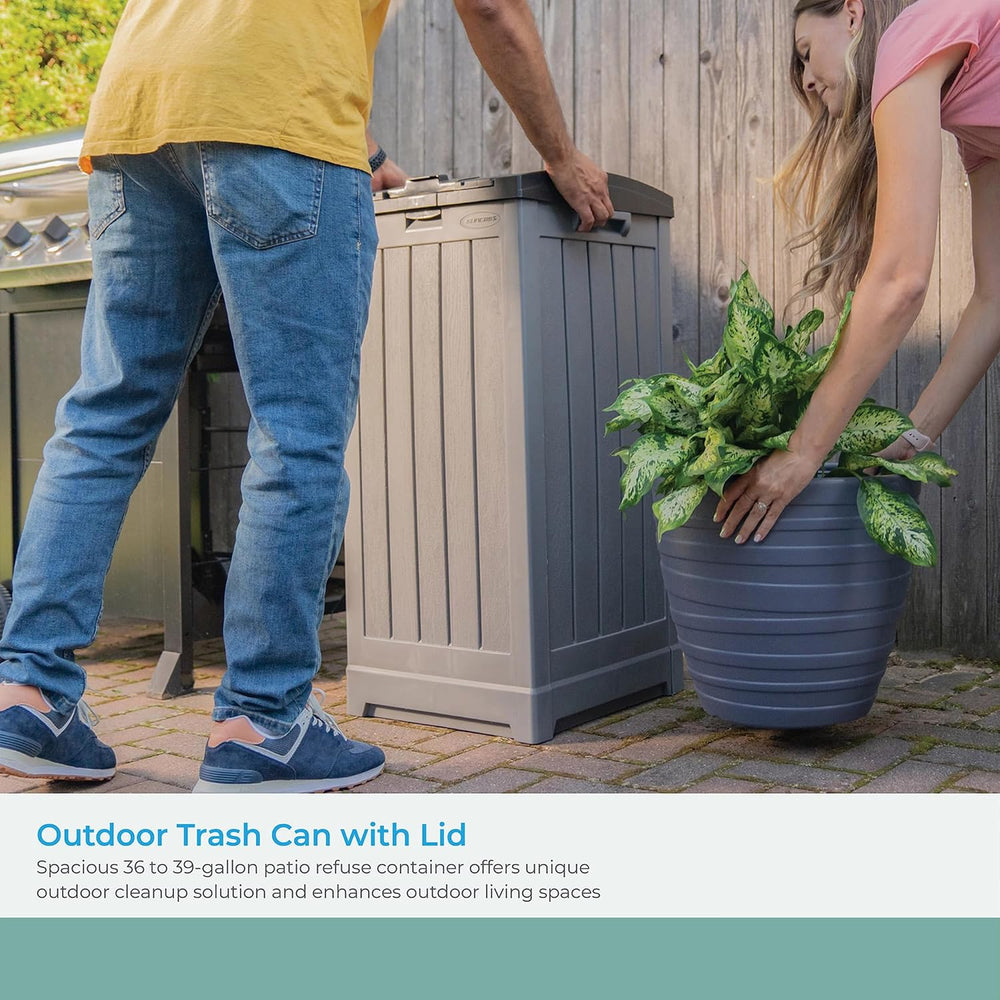 Suncast 39-Gallon Resin Outdoor Hideaway Trash Can with Lid for Backyard, Dec...