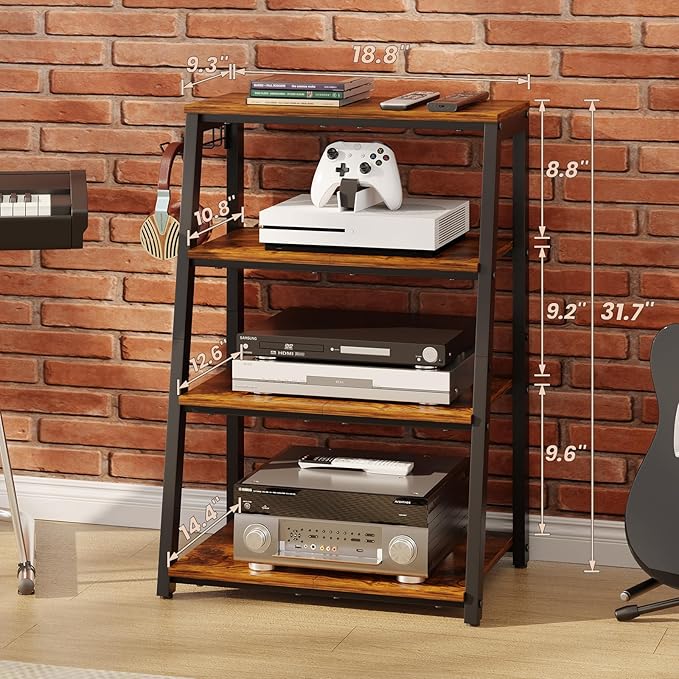 4-Tier AV Media Stand with 2 Hooks, Heavy Duty Stereo Cabinet Furniture-Large