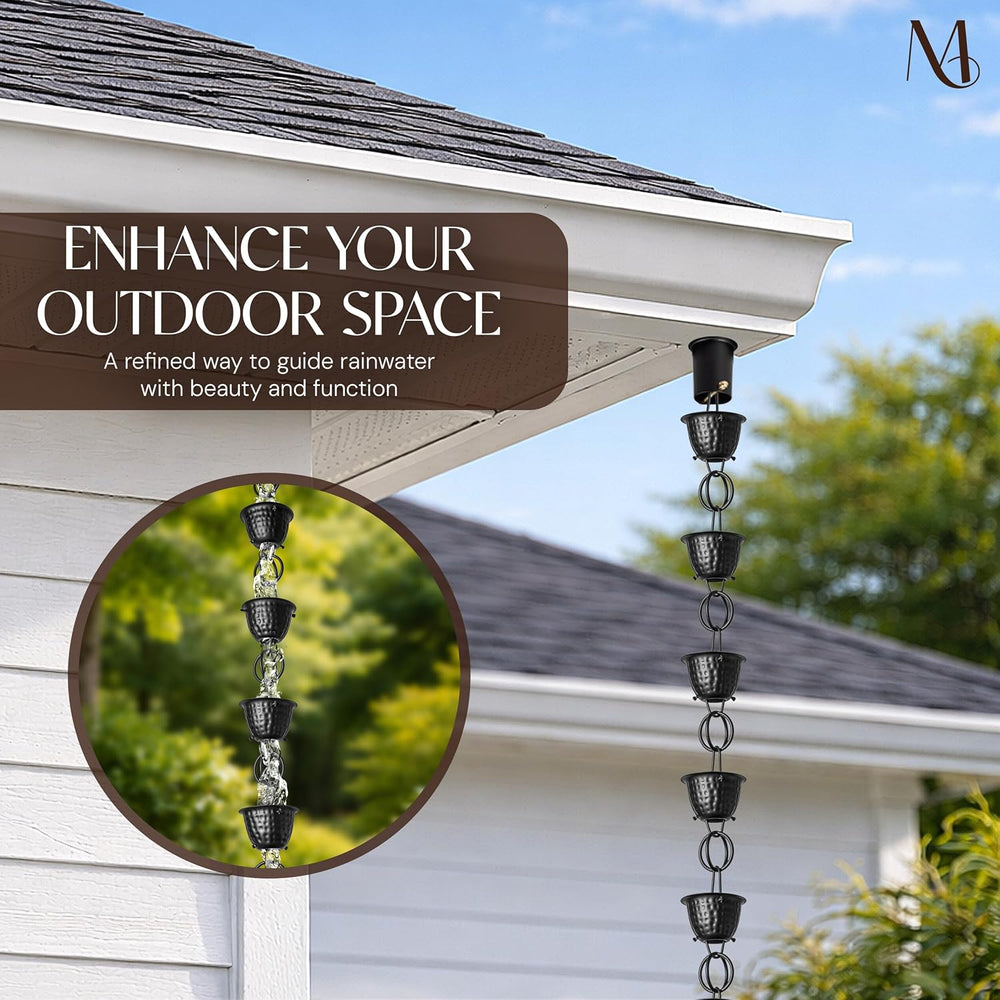 Monarch Rain Chains for Gutters Aluminum – 8.5 ft Hammered Black Rain Chain f...