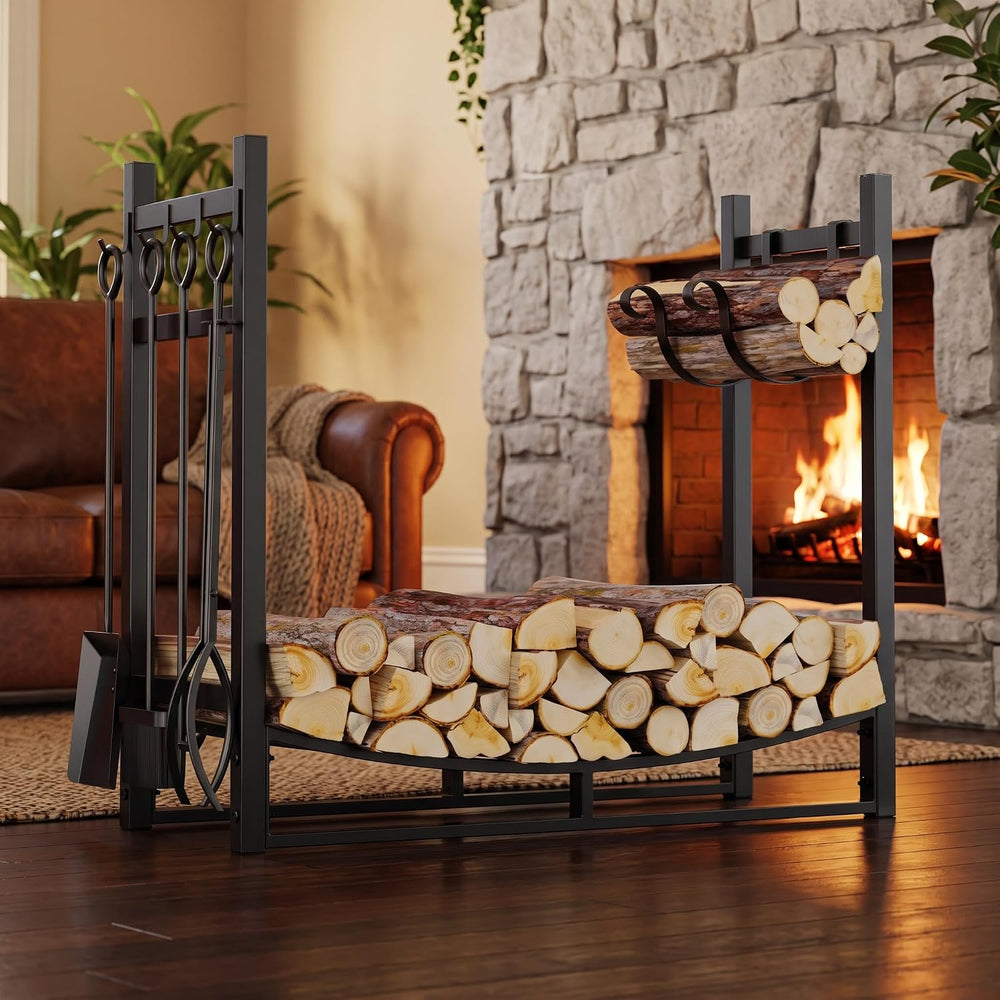 Fire Beauty Firewood Rack Log Holder Wood Storage with 4 Fireplace Tool Set