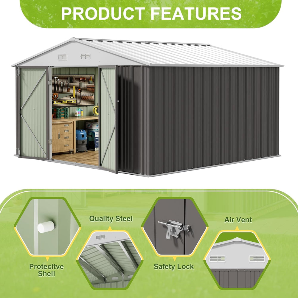 JUMMICO 10x10 FT Outdoor Storage Shed, Grey