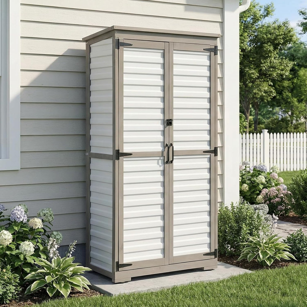 Outdoor Storage Cabinet, Wood & Plastic Garden Shed with Adjustable Shelves