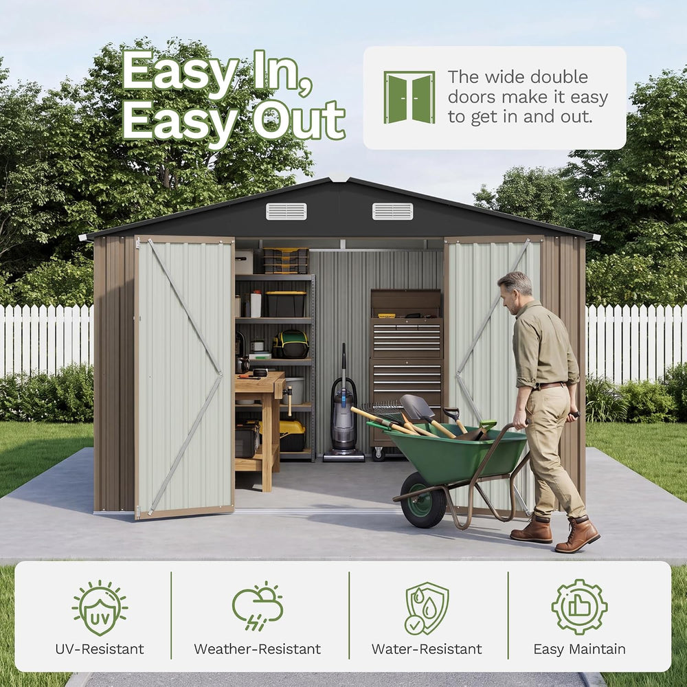 Patiowell 10x10 FT Storage Shed, Outdoor Metal Sheds, Brown