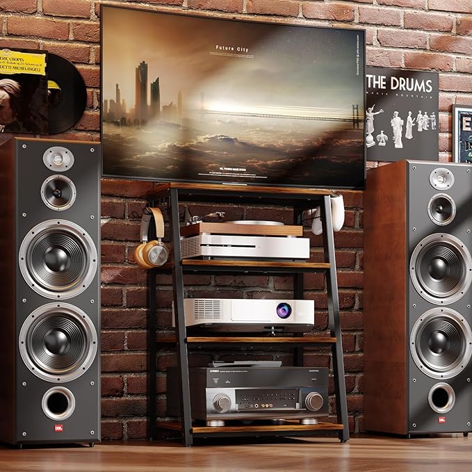 4-Tier AV Media Stand with 2 Hooks, Heavy Duty Stereo Cabinet Furniture-Large