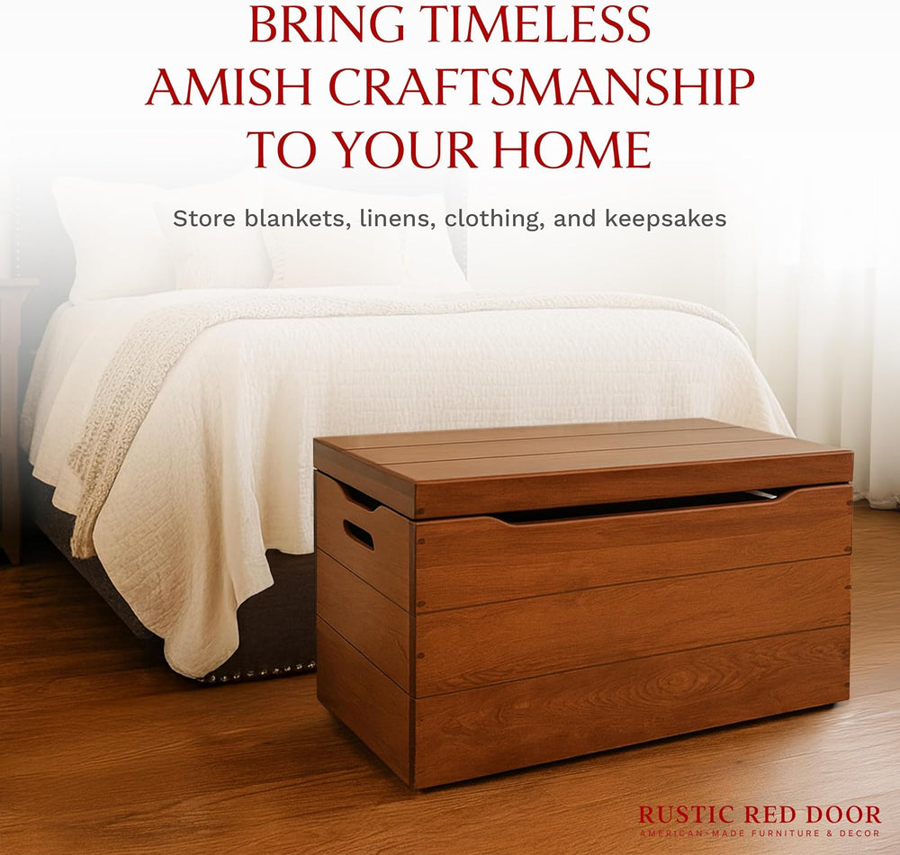 Amish Made Wooden Storage Chest Trunk Box with Lid and Handles for Bedroom, B...