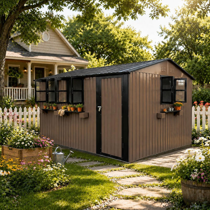 12x10 FT Outdoor Storage Shed with 3 Clear Windows, Large Metal Garden Shed with Flower Rack & Basket, Outside Tool Shed with Lockable Single Door, Waterproof Storage Building for Backyard, Brown