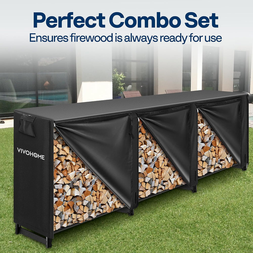 VIVOHOME 10 ft Heavy Duty Firewood Rack Outdoor with Cover, Black