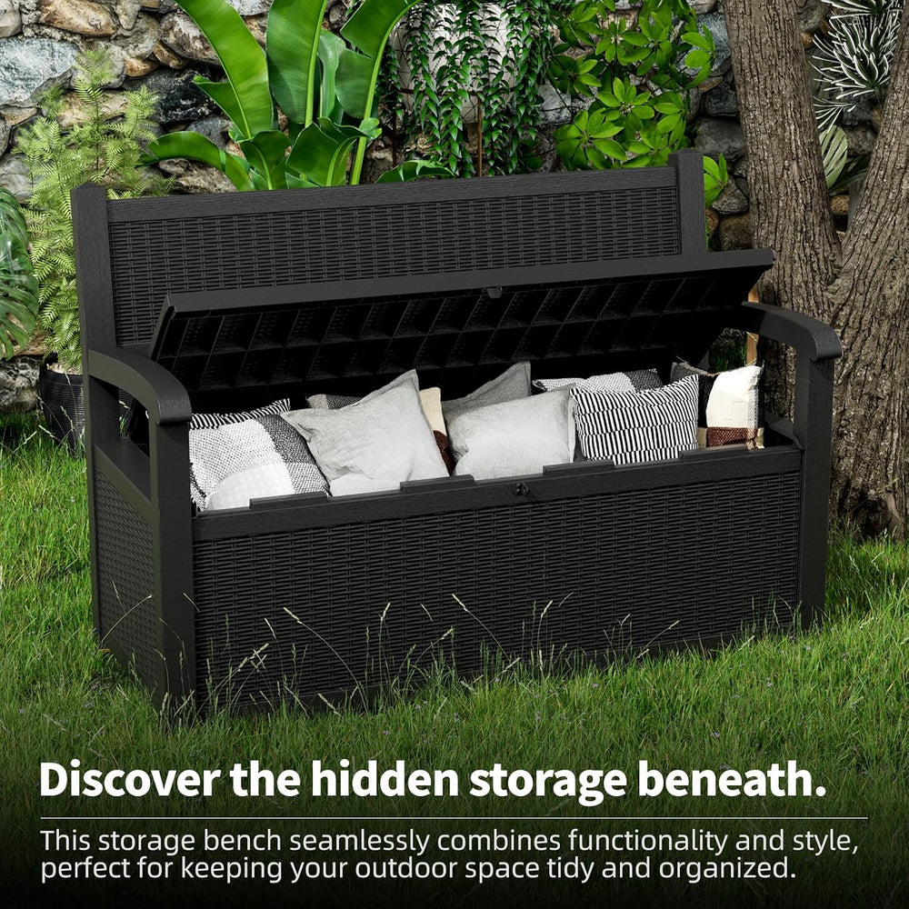 80 Gallon Storage Bench Deck Box Resin Patio Furniture with Armrest, Waterpro...