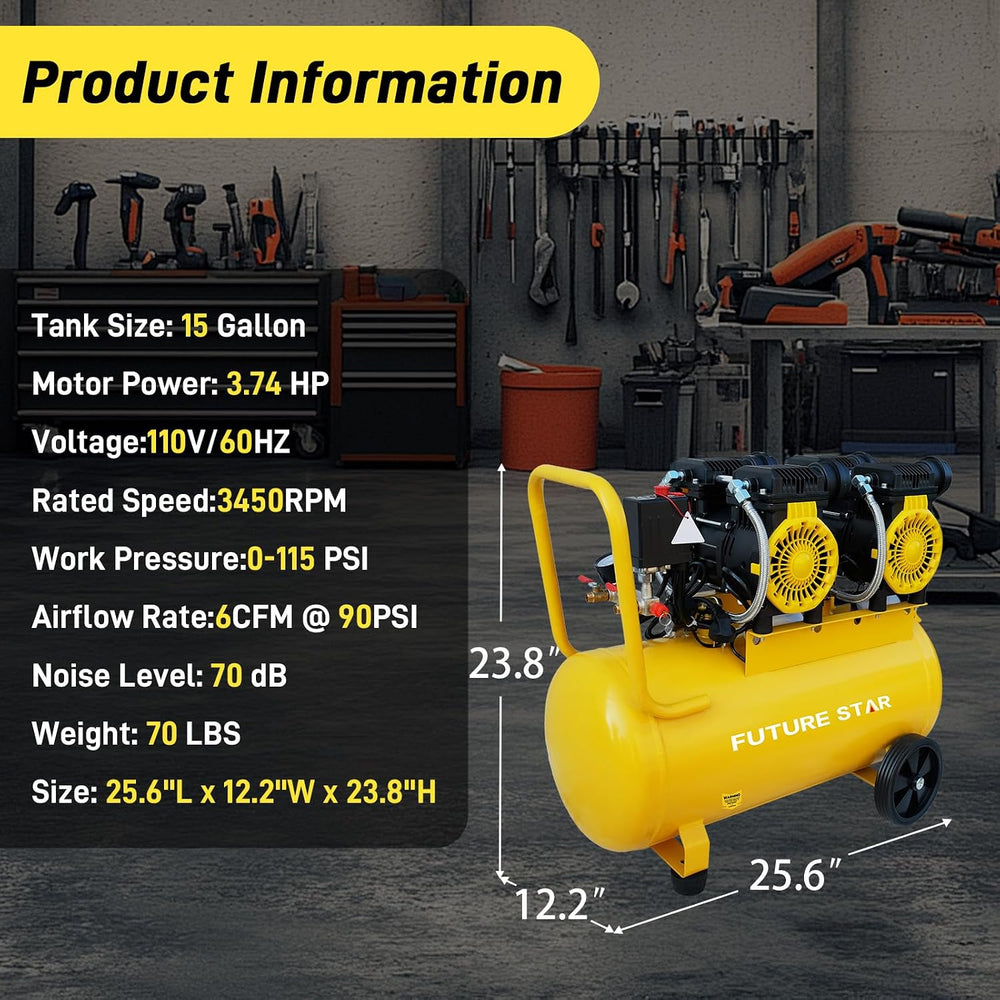 15 Gallon Portable Air Compressor, 3.7 HP, 6 CFM, 115 PSI