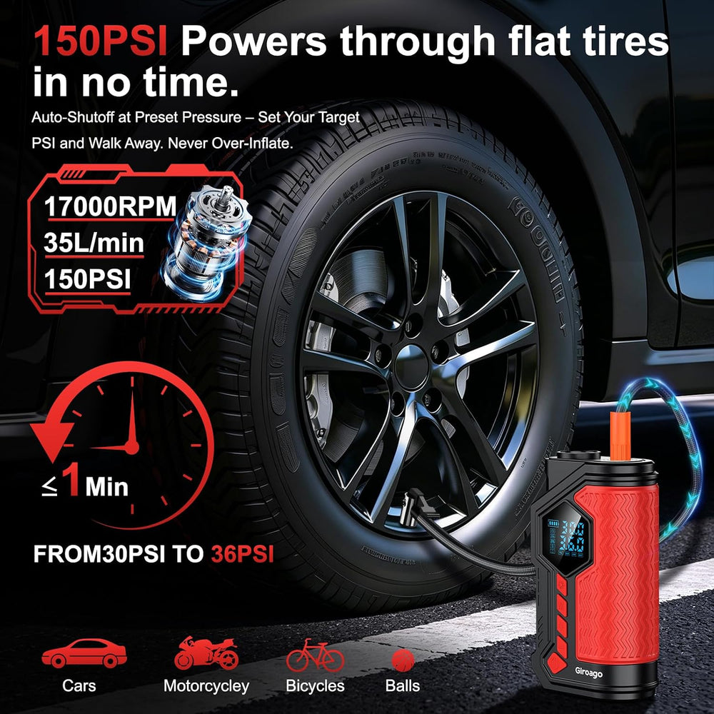 6000A Jump Starter with Air Compressor,150PSI Tire Inflator for Car