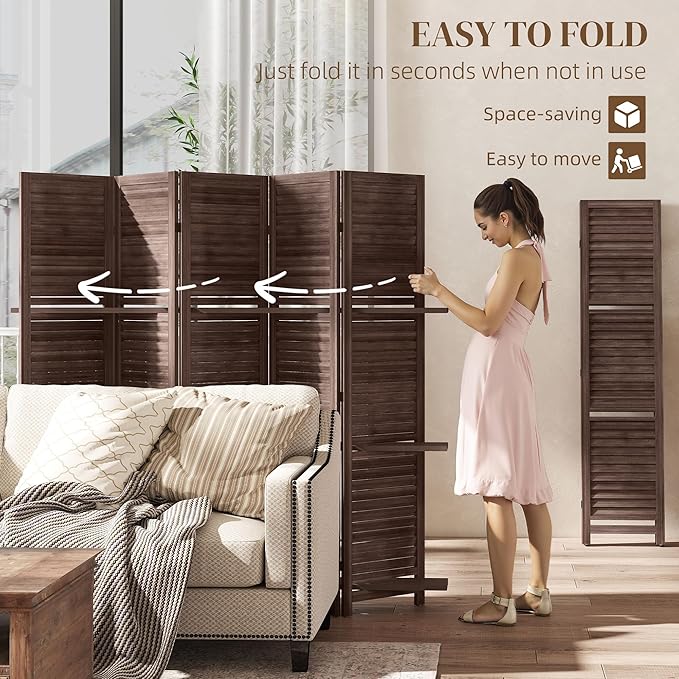 HOMCOM Room Divider, 5 Panel 67" Tall Wood Privacy Screen