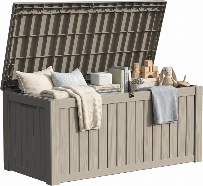 150 Gallon Deck Box Organizer, Doubles as 2-Person Bench Seat, Grey Large Resin Outdoor Storage and Seating with Lockable Lid for Garden, Pool, and Patio