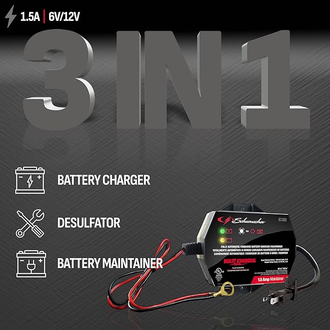 Schumacher Electric 1.5A Car Battery Charger and Maintainer, 3-in-1 Solution