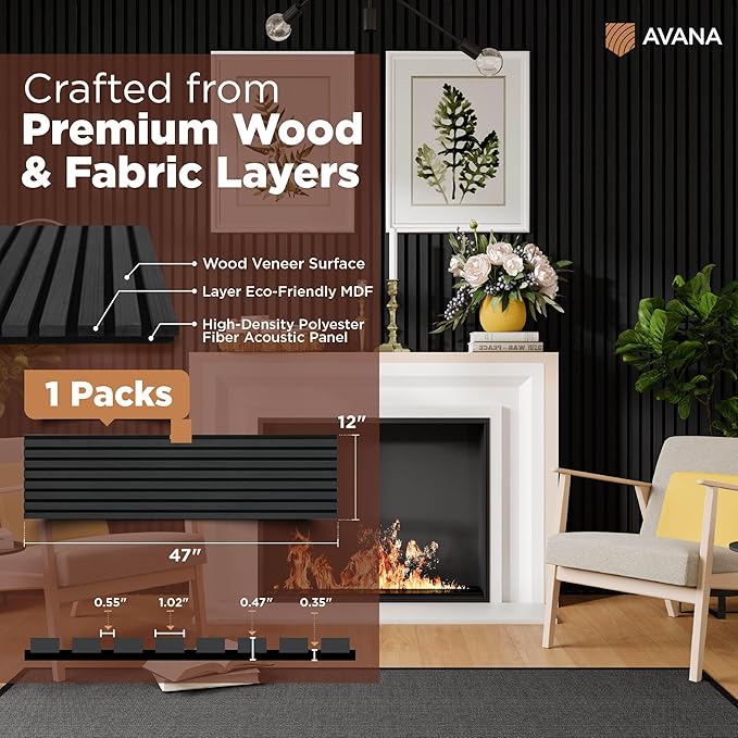 Avana Modern Acoustic Wood Wall Panels – 47.2 x 12.6 Inch Black Oak Acoustic