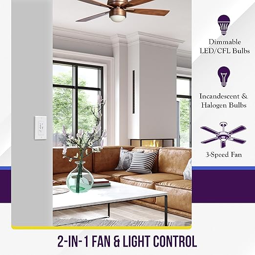 ENERLITES 3 Speed Ceiling Fan Control and Dimmer Light Switch, 2.5A Single Po...