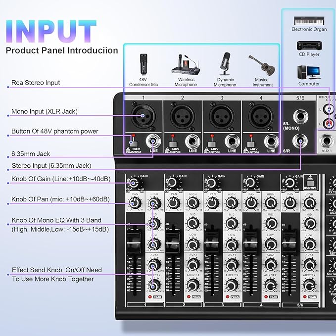 6 Channel Audio Interface Sound Board Mixing Console 16-Bit DSP DJ Mixer Audio