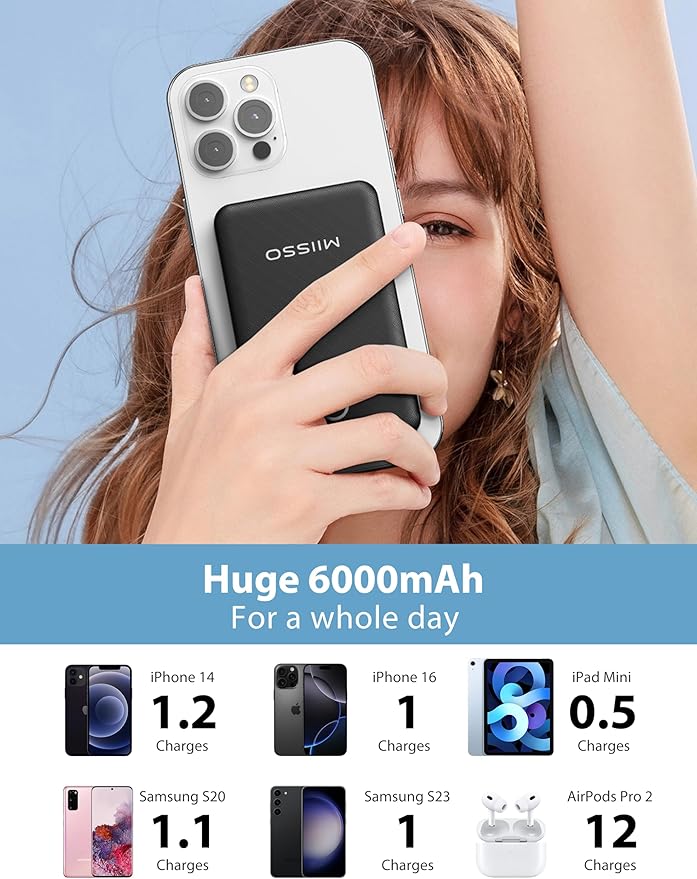 miisso 6000mah Ultra Slim Built in Cables Power Bank, Card Size Built in USB C