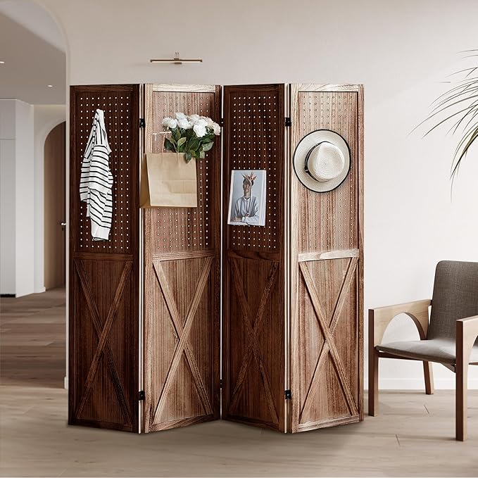 ALeesing 4 Panel Pegboard Wood Room Divider, 5.6Ft Pegboard Display Folding