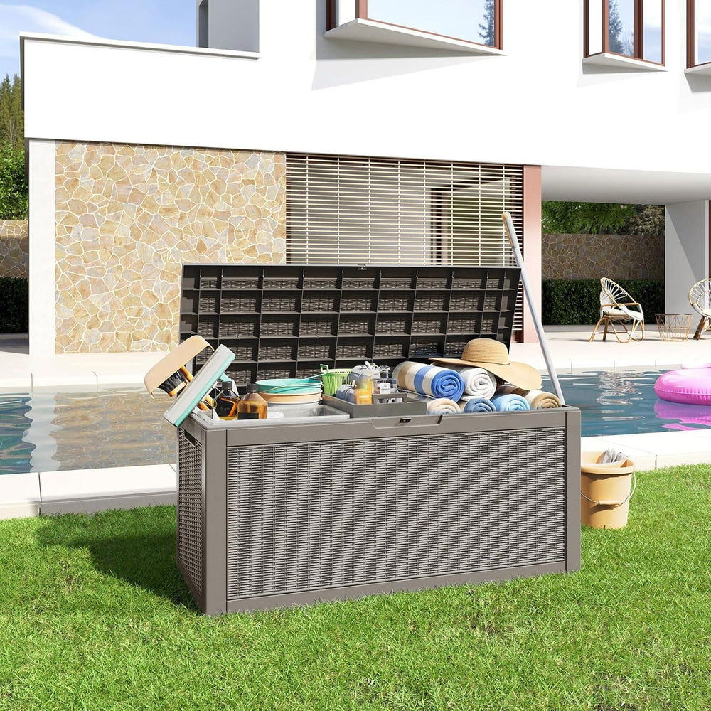 PatioZen 120 Gallon Resin Deck Box, Lockable Patio Outdoor Storage Box for Fu...
