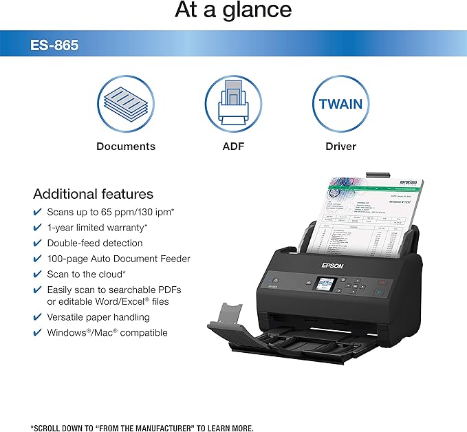 Epson Workforce ES-865 High Speed Color Duplex Document Scanner