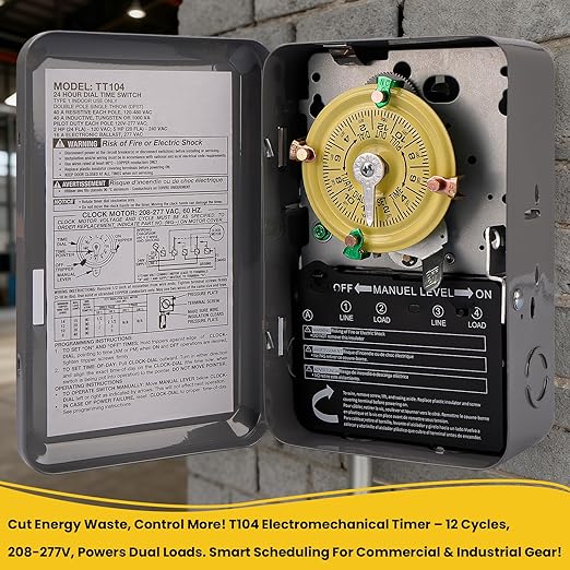 T104M Mechanical Timer Switch, 208-277 VAC 5HP 40A DPST Pool Pump Timers