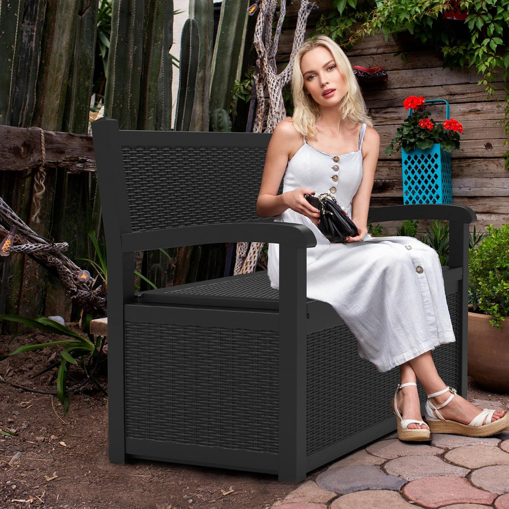 80 Gallon Storage Bench Deck Box Resin Patio Furniture with Armrest, Waterpro...
