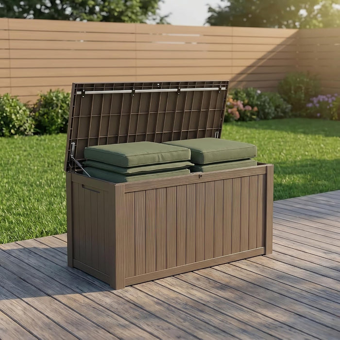 185 Gallon Deck Box Outdoor Storage, Weatherproof Resin Patio Container for Cushions Garden Tools Pool Accessories, Lockable Lid with Handles, Bench Seat for Yard Patio Garage