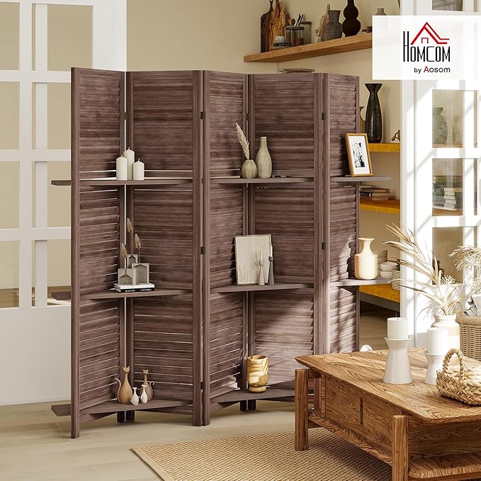 HOMCOM Room Divider, 5 Panel 67" Tall Wood Privacy Screen