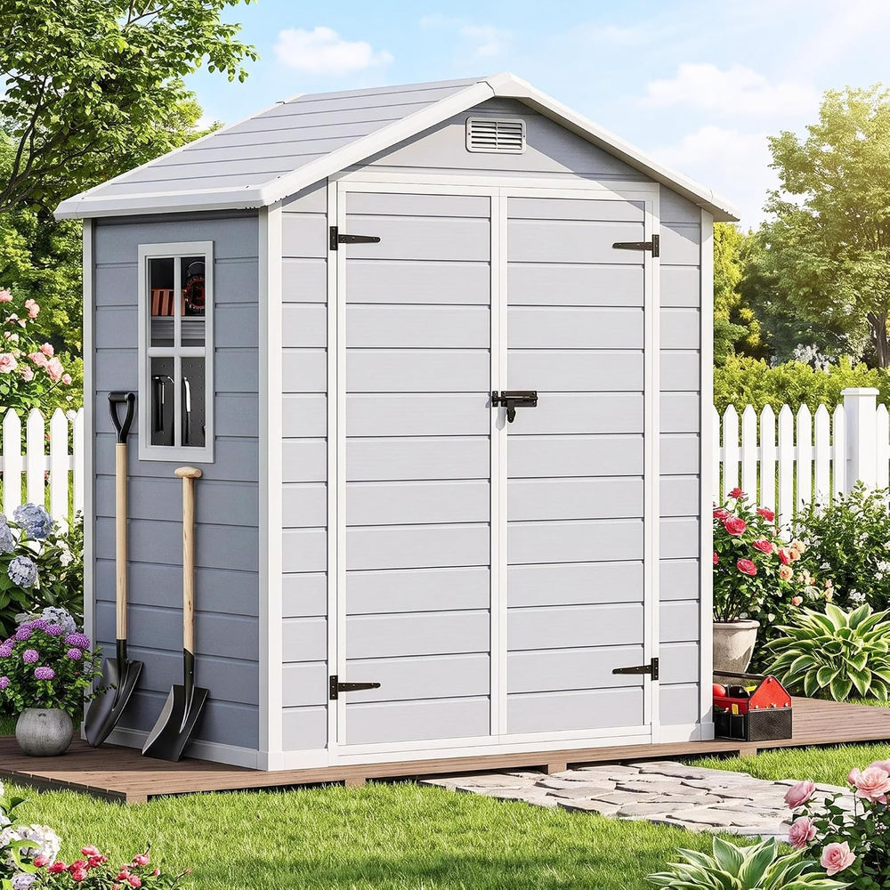 DWVO 6X4FT Resin Outdoor Storage Shed with Floor, Window & Vents, Tool Shed