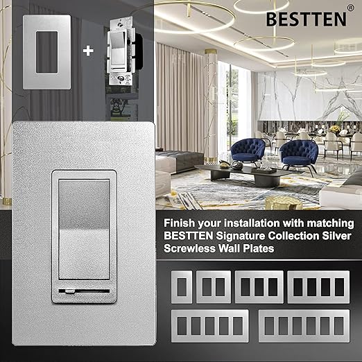 BESTTEN 10 Pack Matte Silver Dimmer Light Switch, Single Pole or 3-Way
