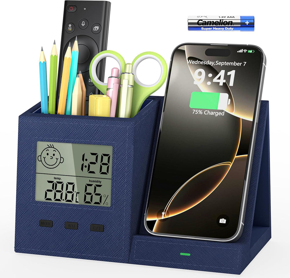3-in-1 Wireless Charger with Pen Holder, Desk Clocks with Temperature and