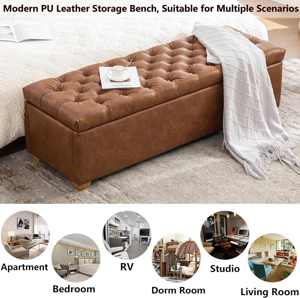 60.2" Storage Ottoman Bench for Bedroom Bed End,Brown PU Leather Bench w...