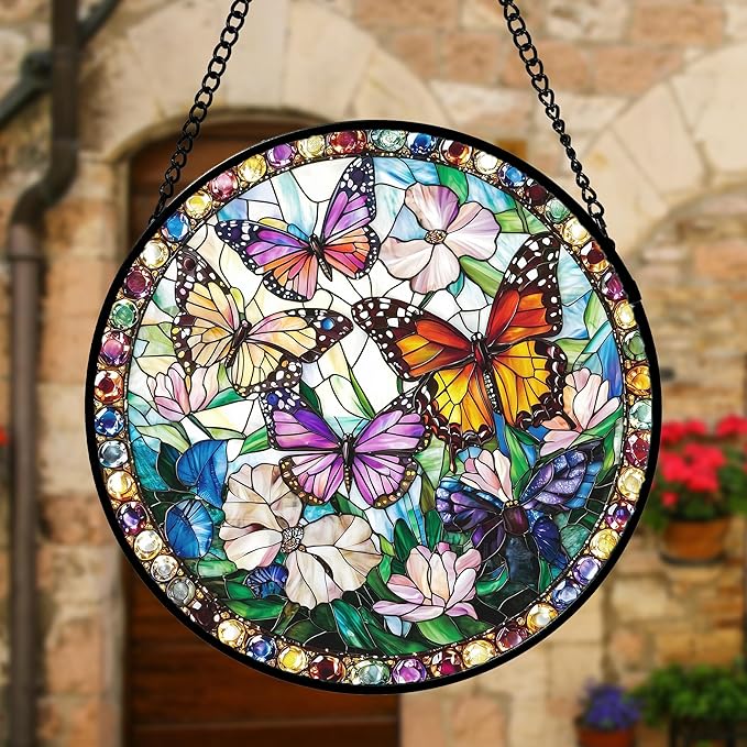 DASTOLL Stained Glass Window Hanging, Colorful Butterfly Suncatcher