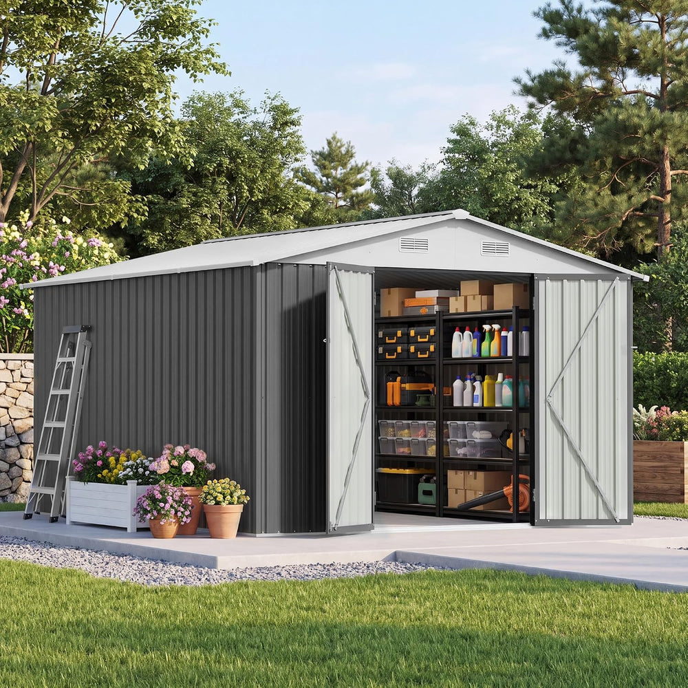 Patiowell 10x10 FT Storage Shed, Outdoor Metal Sheds, Gray