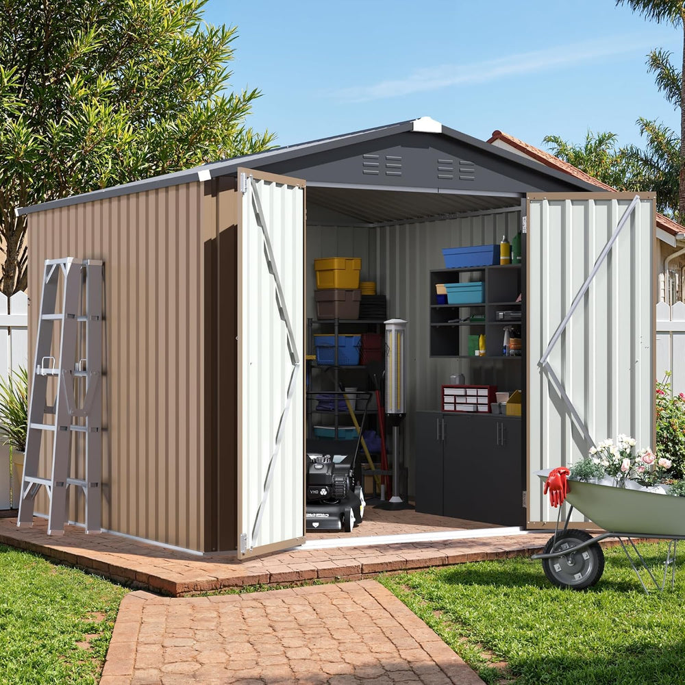 JUMMICO 8x8 FT Outdoor Storage Shed, Tool Metal Sheds, Brown