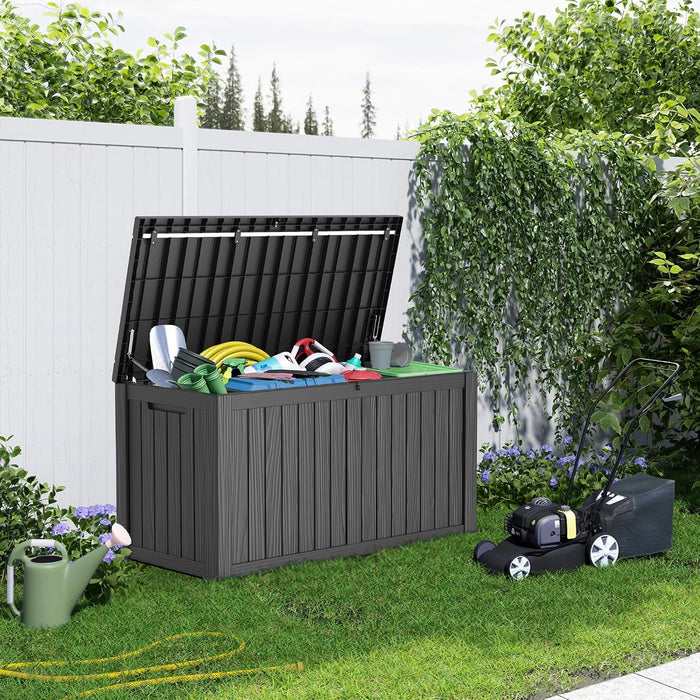 190 Gallon Waterproof Outdoor Storage Box, UV Resistant Resin Deck Box with Hydraulic Rod Lockable for Patio Furniture Garden Tools Black