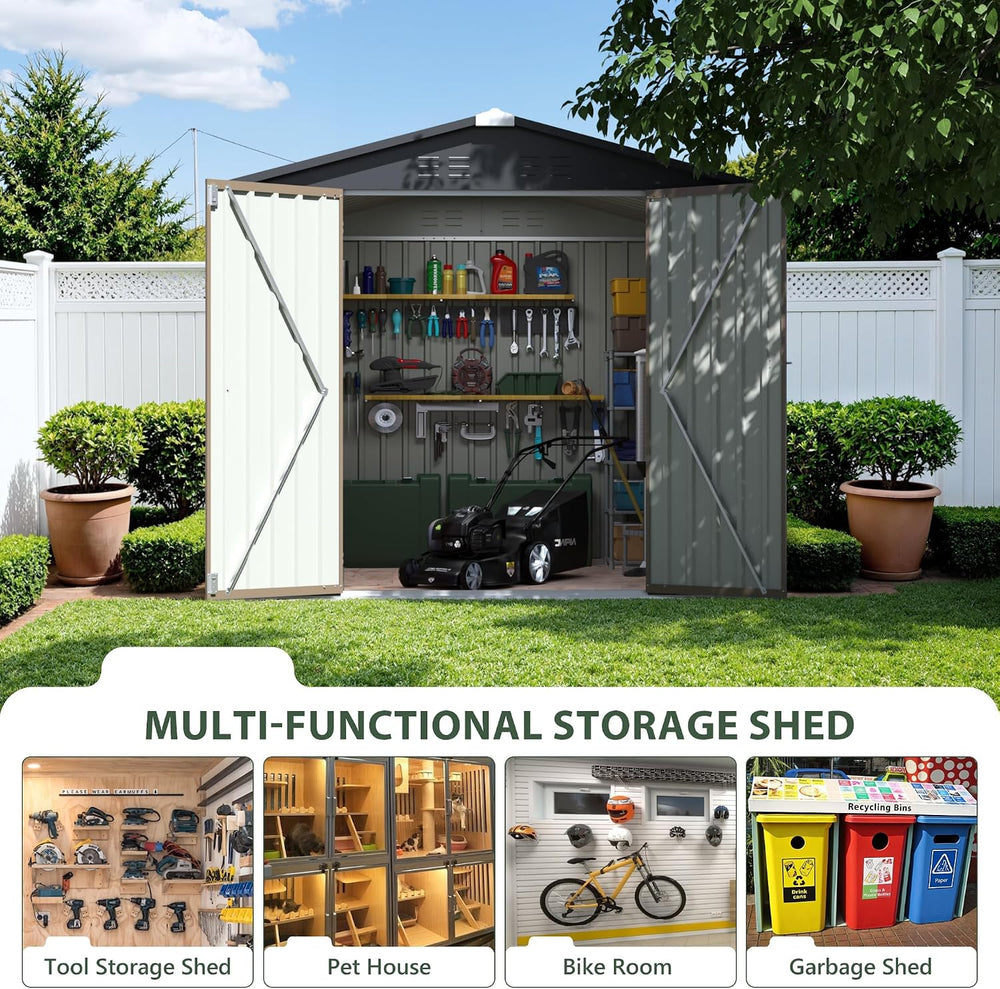 JUMMICO 8x8 FT Outdoor Storage Shed, Tool Metal Sheds, Brown